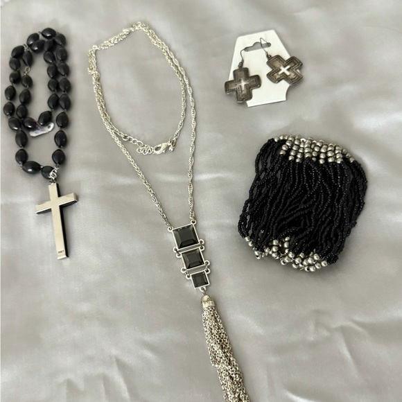 Accessories - Silver-Tone Purple Stone Tassel, cross Necklace, bracelet-Women's Accessories